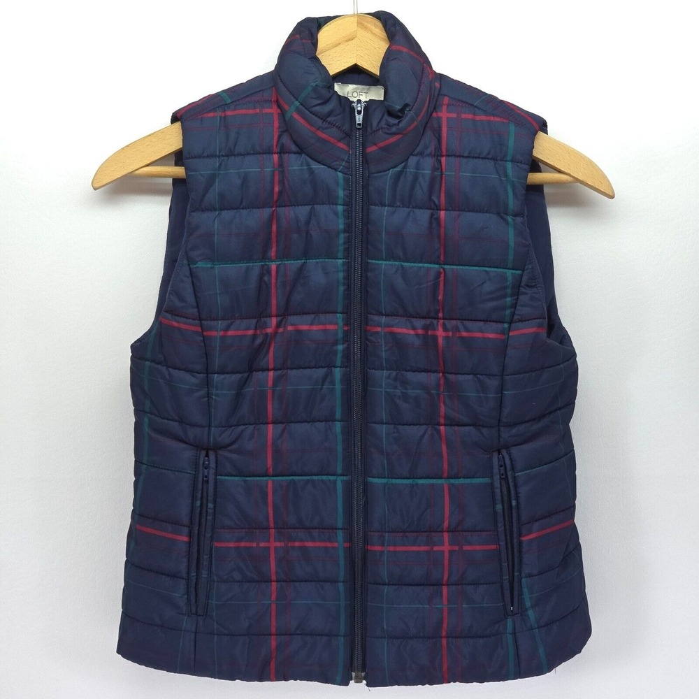 LOFT Puffer Vest Womens Small Navy Plaid Clueless Preppy Academia Style Full Zip